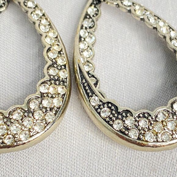Teardrop Dangle Drop Earrings Silver Tone Tiny Clear Rhinestone Studded Pierced - Picture 6 of 10